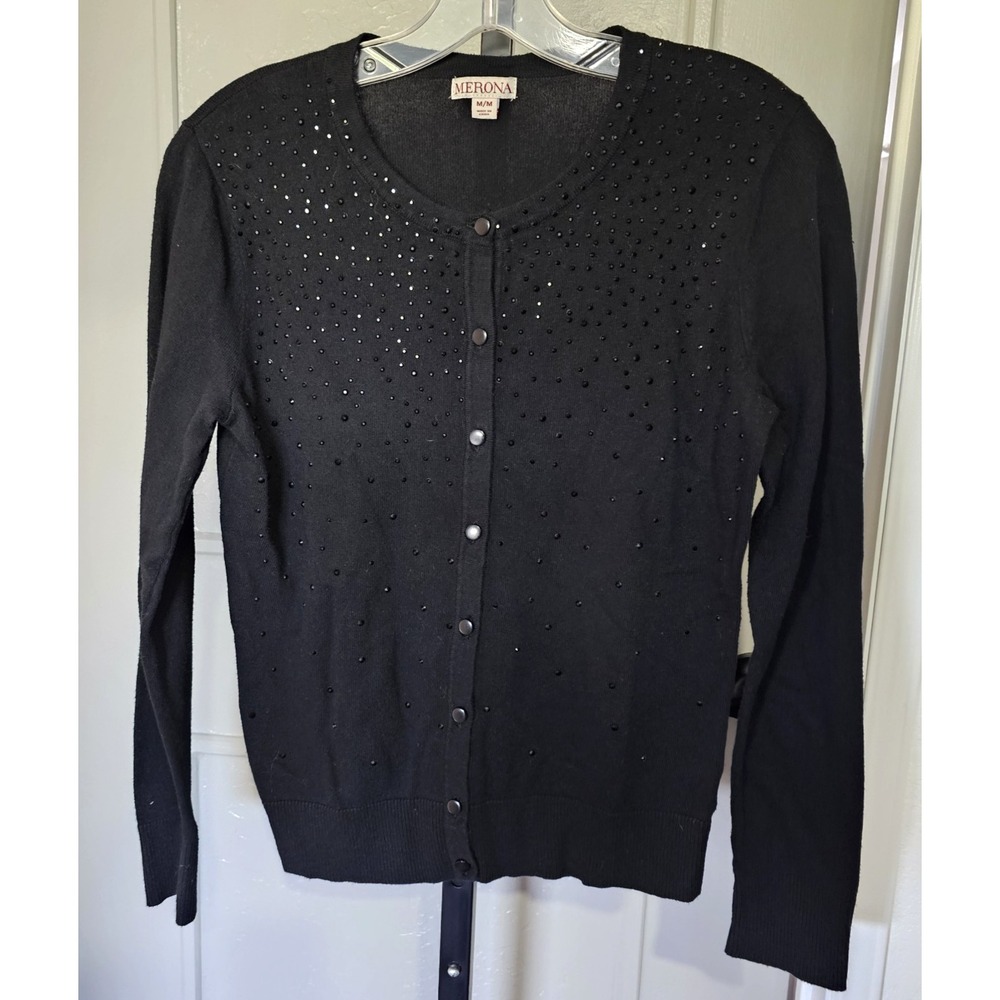 Merona Black Rhinestone Embellished Cardigan Sweater M/M Sparkly Beaded Button
